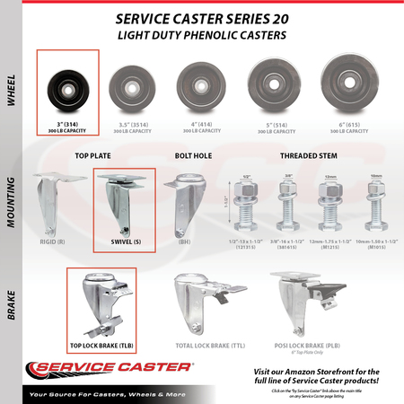 Service Caster 3 Inch Phenolic Wheel Swivel Top Plate Caster Set with 2 Brakes SCC-20S314-PHR-2-TLB-2